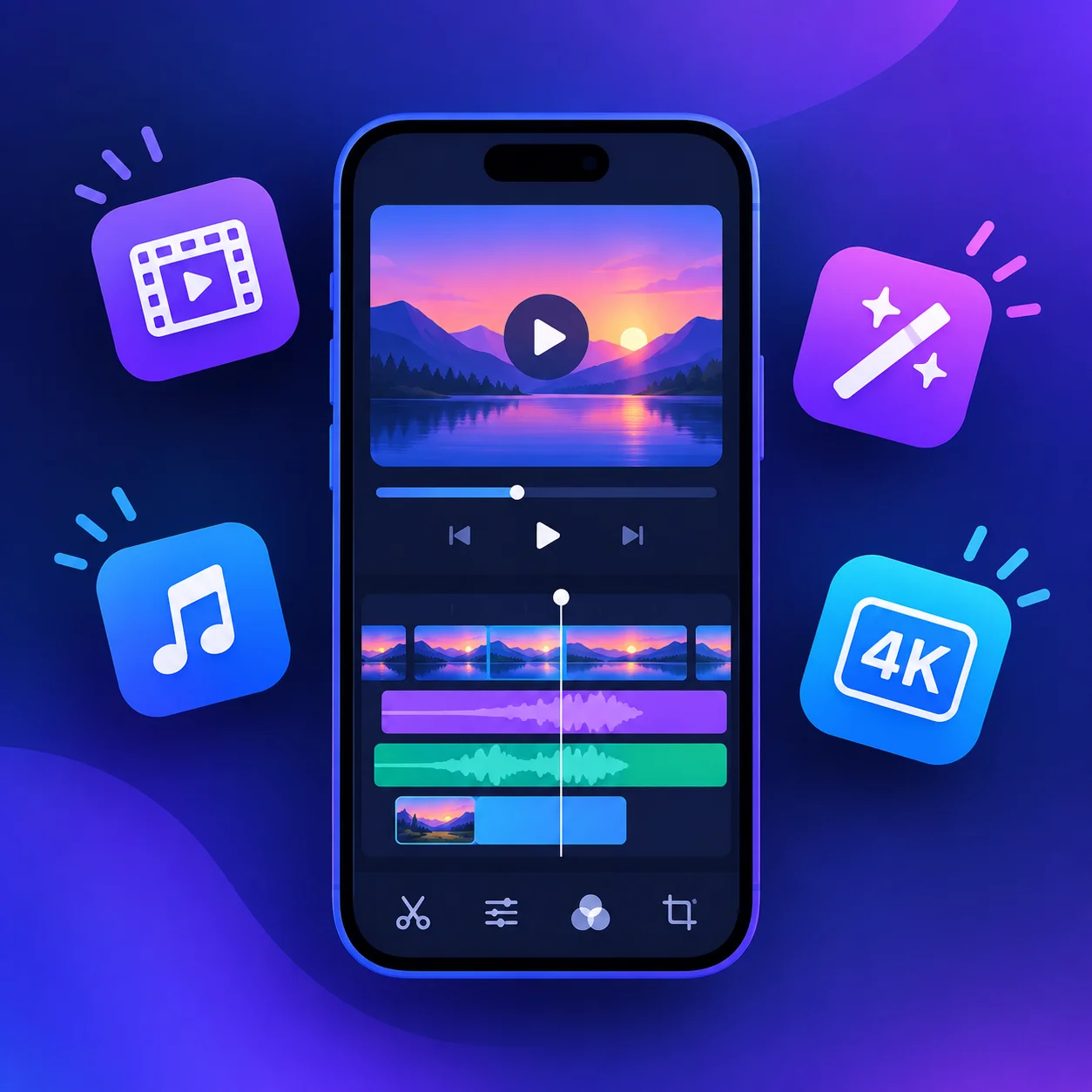 CapCut Pro APK download for Android featuring a smartphone video editor with a timeline, music tracks, video effects, and 4K editing