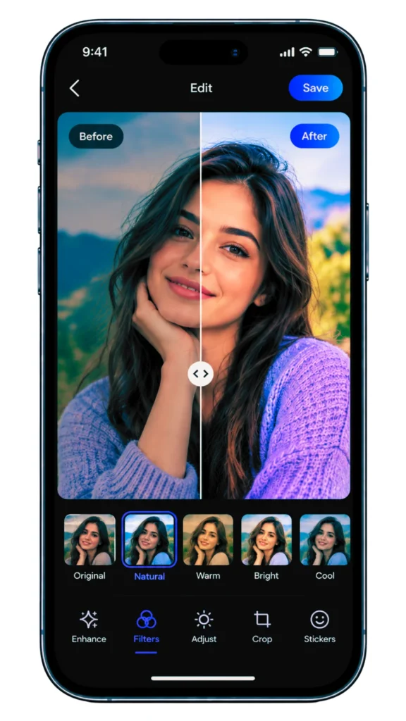 CapCut Pro APK split screen showing before and after photo edit comparison on mobile screen