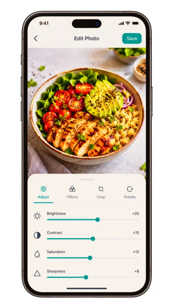 CapCut Pro APK photo adjustment controls displaying brightness, contrast, and saturation sliders for food image editing.