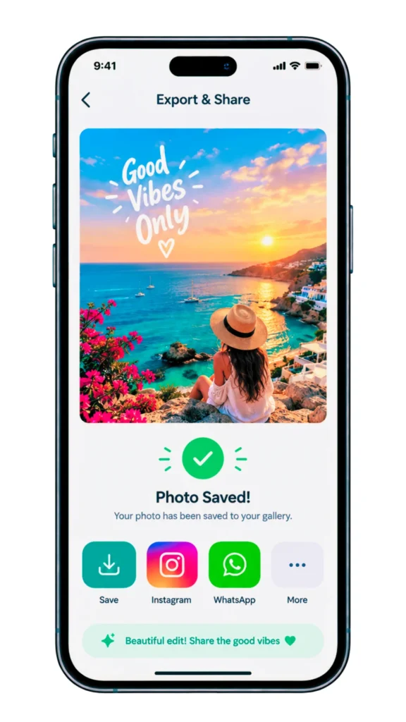 CapCut Pro APK export and share interface displaying photo saved confirmation with Instagram and WhatsApp options