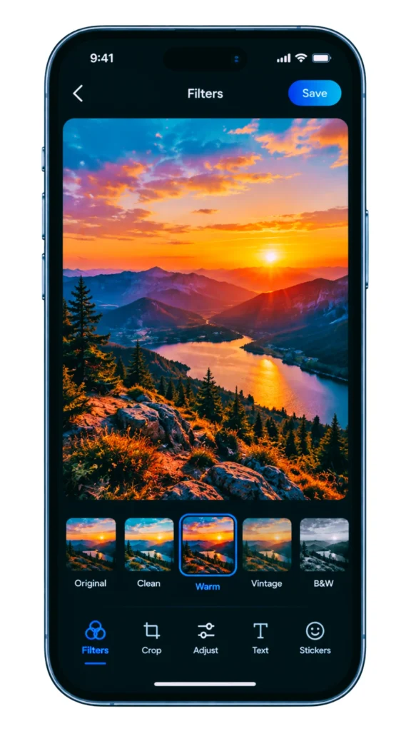 CapCut Pro APK photo editor interface displaying scenic warm sunset landscape with filter presets