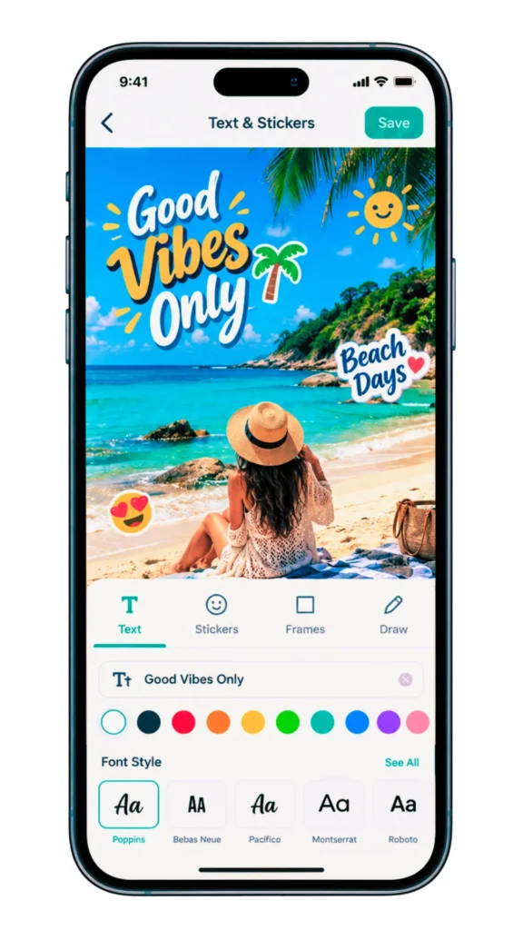 CapCut Pro APK text and stickers interface with custom font styles applied on beach photo