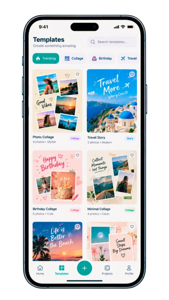 CapCut Pro APK templates screen showcasing trending photo collages, travel stories, and birthday designs.